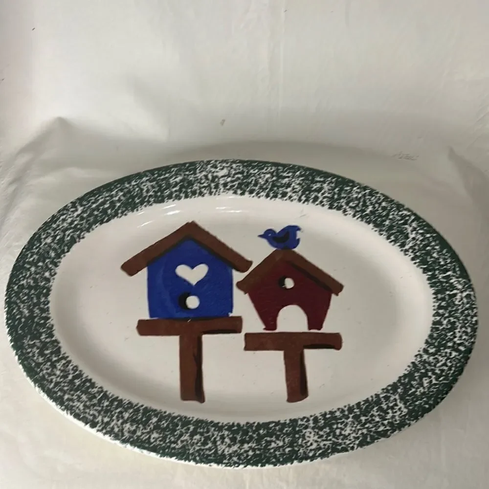 Gibson Housewares Blue Bird Birdhouse Serving Platter Blue Red Green White Brown